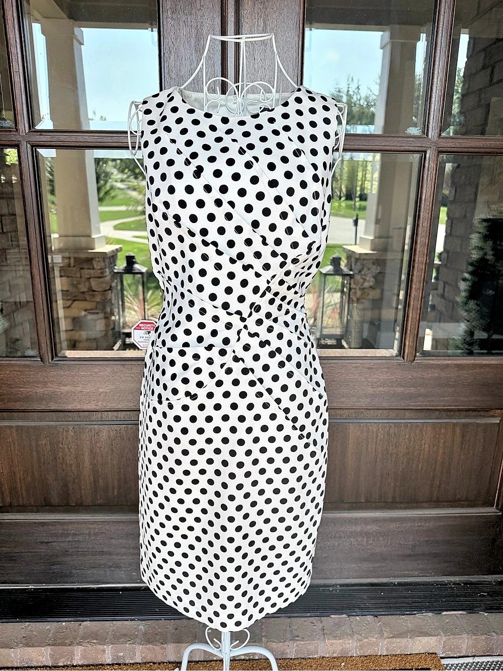 Adrianna Papell Polkadot Drape Sheath Dress Midi Dress White & Black Size 6